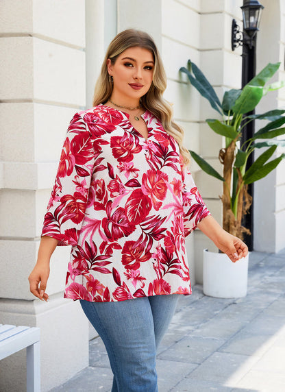 Women's Plus Size Pink Tropical Floral Tunic Top | 3/4 Flutter Sleeve