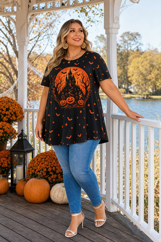 Women's Halloween Black & Orange Tunic Top – Graphic Print, Plus Size