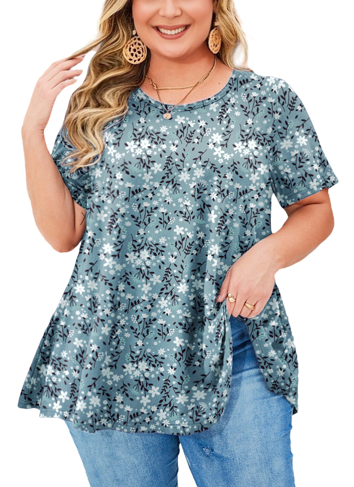 Women's Plus Size Teal & White Tunic Top – Short Sleeve Swing Blouse