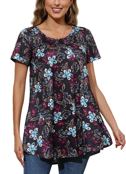 Black Floral Paisley Print Tunic Top – Women's Plus Size Short Sleeve Swing Blouse to Wear with Leggings (S–7XL)