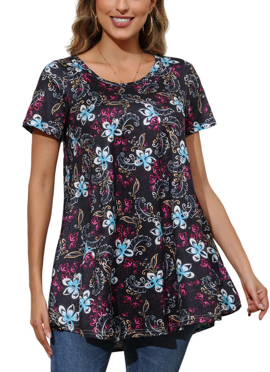 Black Floral Paisley Print Tunic Top – Women's Plus Size Short Sleeve Swing Blouse to Wear with Leggings (S–7XL)