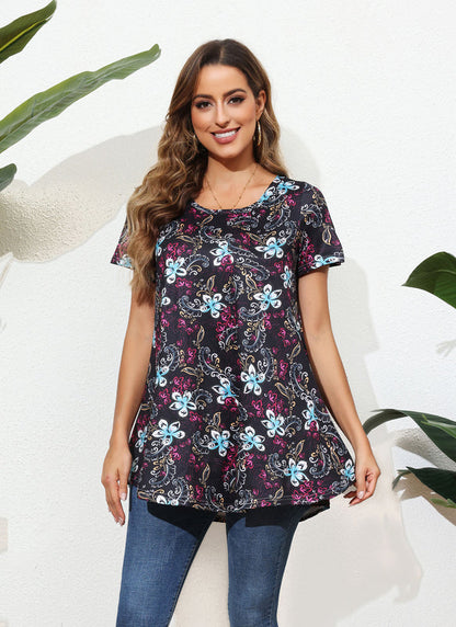 Black Floral Paisley Print Tunic Top – Women's Plus Size Short Sleeve Swing Blouse to Wear with Leggings (S–7XL)