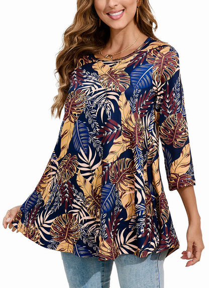 Women's Plus Size Tropical Leaf Print Tunic Top – 3/4 Sleeve Swing Flare Blouse
