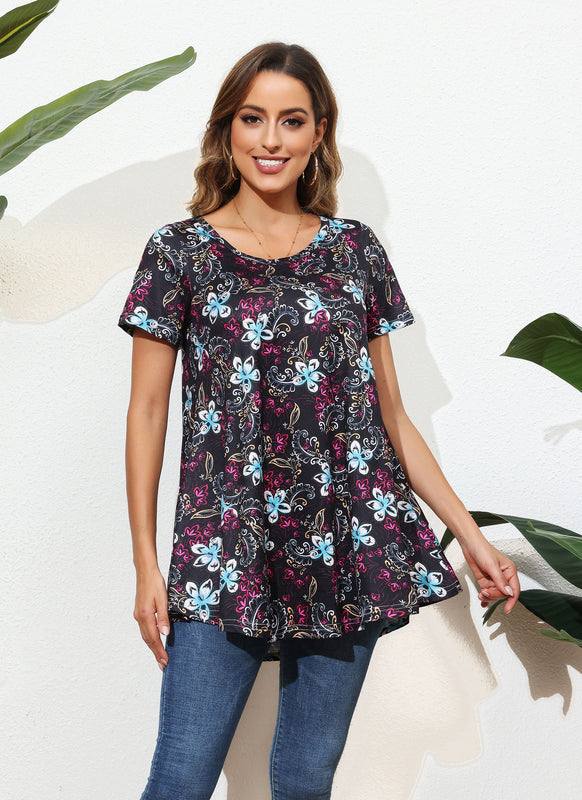 Black Floral Paisley Print Tunic Top – Women's Plus Size Short Sleeve Swing Blouse to Wear with Leggings (S–7XL)
