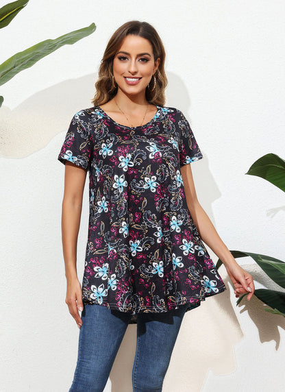 Black Floral Paisley Print Tunic Top – Women's Plus Size Short Sleeve Swing Blouse to Wear with Leggings (S–7XL)