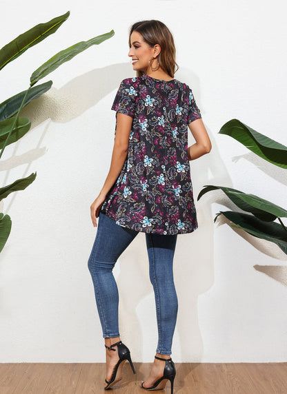 Black Floral Paisley Print Tunic Top – Women's Plus Size Short Sleeve Swing Blouse to Wear with Leggings (S–7XL)