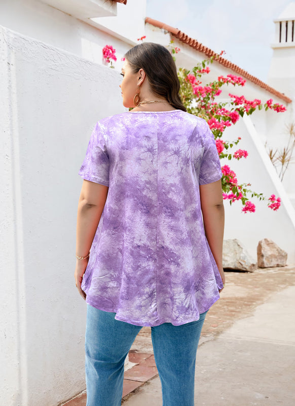 Women's Plus Size Tie Dye Tunic Top – Short Sleeve, Flowy Swing Blouse in Lavender