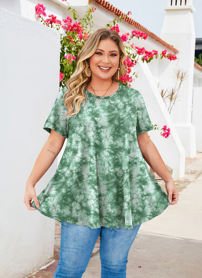 Women's Plus Size Green Tie Dye Tunic Top – Short Sleeve Boho Swing Blouse