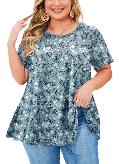 Women's Plus Size Teal & White Tunic Top – Short Sleeve Swing Blouse