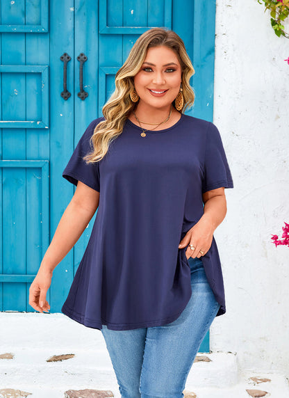 Women's Plus Size Navy Blue Tunic Top – Short Sleeve Solid Swing Blouse