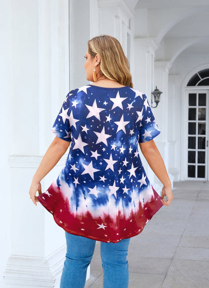 Women's Plus Size American Flag Tunic Top – Short Sleeve, Patriotic Swing Blouse to Wear with Leggings