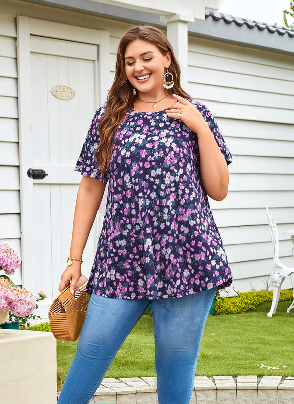 Women's Plus Size Floral Tunic Top – Short Ruffle Sleeve, Flowy Swing Blouse on Navy