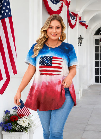 Women's Plus Size American Flag Tunic Top – Short Sleeve USA Patriotic Swing Blouse
