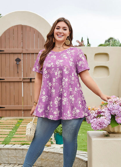 Women's Plus Size Purple & White Tunic Top – Short Sleeve Swing Blouse