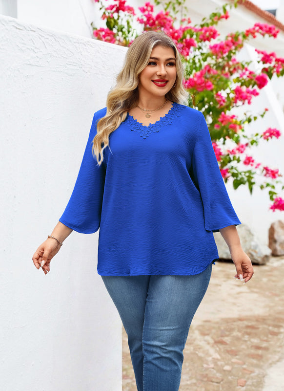 Women's Plus Size Royal Blue Floral Trim V-Neck Blouse | 3/4 Sleeve Tunic Top