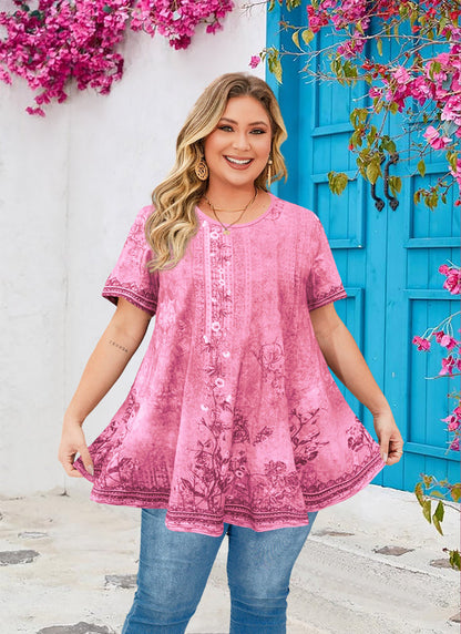 Womens Plus Size Tops Short Sleeve Swing Flare Flowy Tunic Loose Fit Summer Casual Blouses to Wear with Leggings