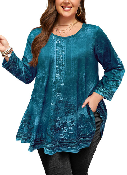 Women's Plus Size Teal Floral Tunic Top – 3/4 Sleeve Swing Flare Blouse