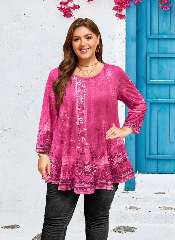 Women's Plus Size Hot Pink Floral Tunic Top – 3/4 Sleeve Swing Flare Blouse
