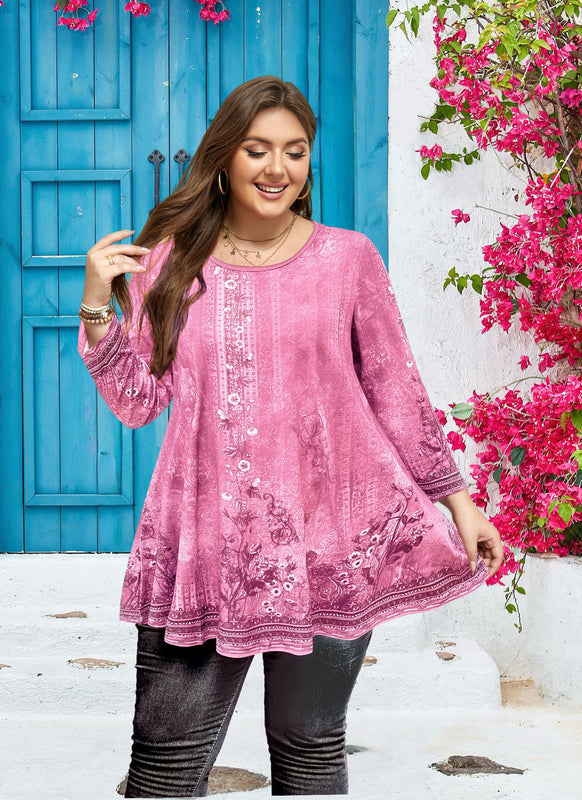 Women's Plus Size Pink Boho Floral Tunic Top – 3/4 Sleeve Vintage Embroidery Print Blouse