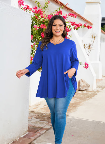 Women's Plus Size Royal Blue Tunic Top – 3/4 Sleeve A-Line Swing Blouse with Pockets