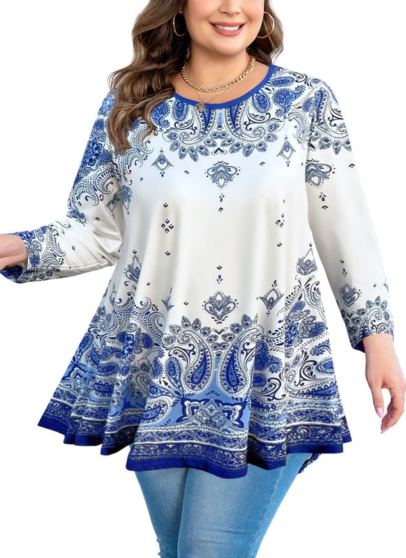 Women's Plus Size Blue & White Floral Tunic Top – 3/4 Sleeve Swing Flare Blouse