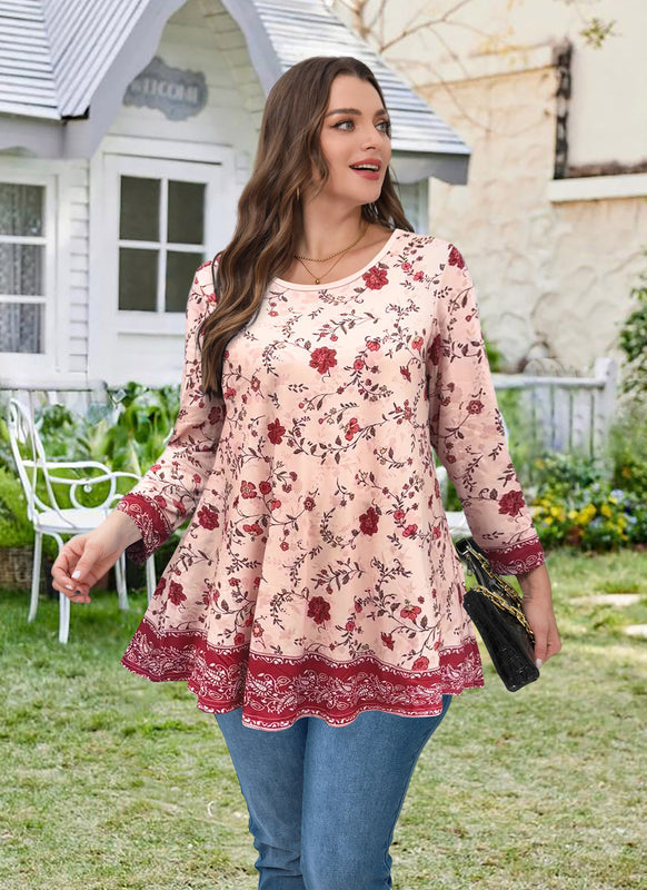 Women's Plus Size Red & Pink Floral Tunic Top – 3/4 Sleeve Swing Flare Blouse