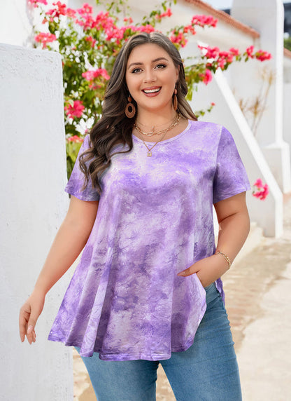 Women's Plus Size Tie Dye Tunic Top – Short Sleeve, Flowy Swing Blouse in Lavender