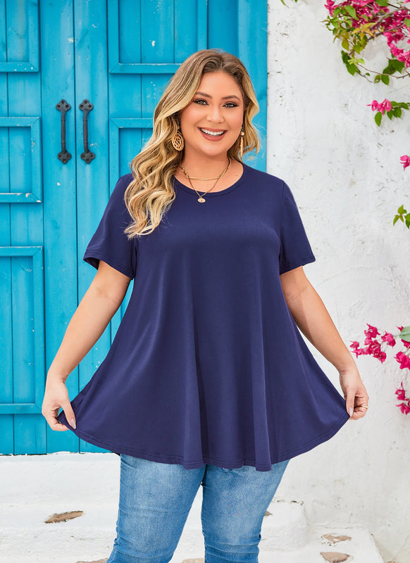 Women's Plus Size Navy Blue Tunic Top – Short Sleeve Solid Swing Blouse