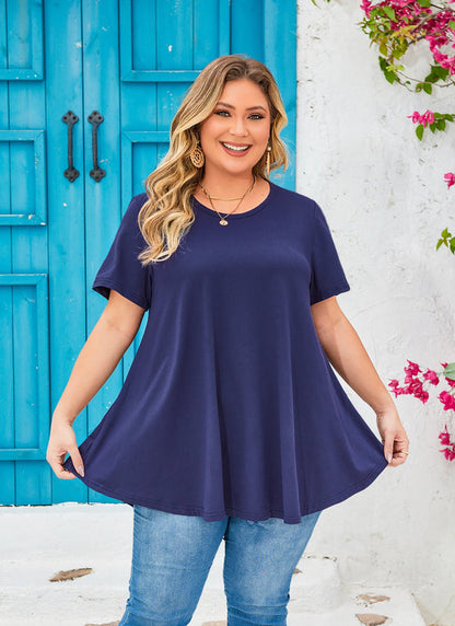 Women's Plus Size Navy Blue Tunic Top – Short Sleeve Solid Swing Blouse