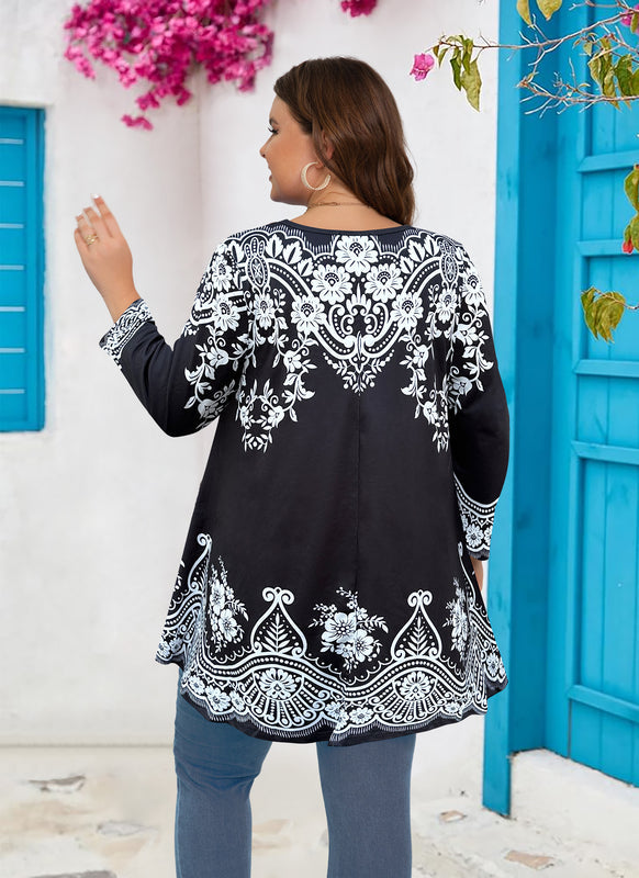 Women's Plus Size Tunic Top | Black & White Print Swing Flare Blouse for Leggings