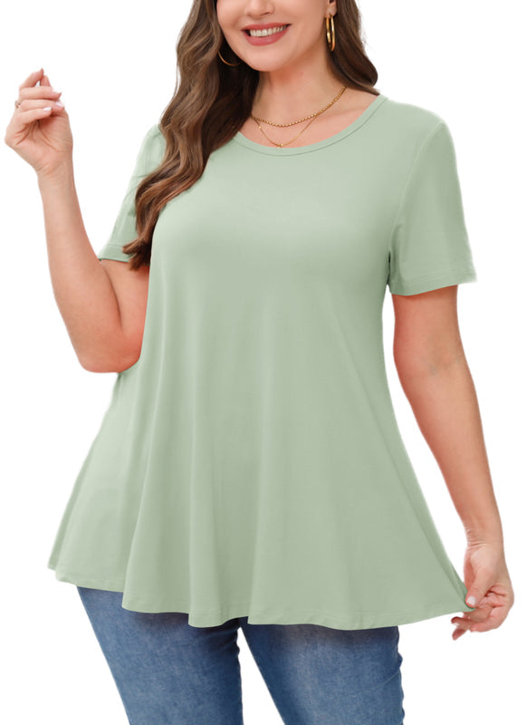 Women's Plus Size Swing Tunic Top – Short Sleeve, Flowy Flare, Crew Neck Blouse to Wear with Leggings
