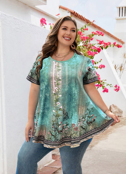 Women's Plus Size Floral Tunic Top – Short Sleeve, Flowy Swing Blouse to Wear with Leggings