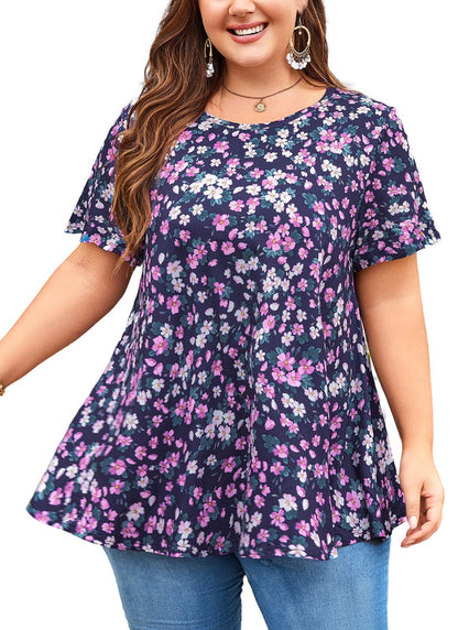 Women's Plus Size Floral Tunic Top – Short Ruffle Sleeve, Flowy Swing Blouse on Navy