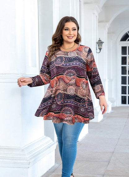Women's Plus Size Tunic Top | 3/4 Sleeve Brown Orange Flowy Swing Flare Blouse S-4XL