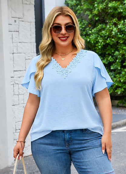 Women's Plus Size Light Blue Floral Trim V-Neck Blouse | Flutter Sleeve Tunic Top