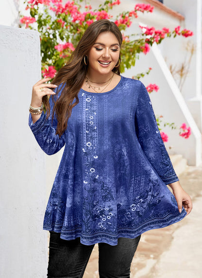 Women's Plus Size Navy Blue Boho Floral Tunic Top – 3/4 Sleeve Vintage Embroidery Print Blouse