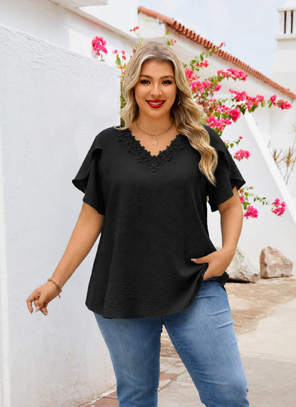 Women's Plus Size Black Floral Trim V-Neck Blouse | Flutter Sleeve Tunic Top