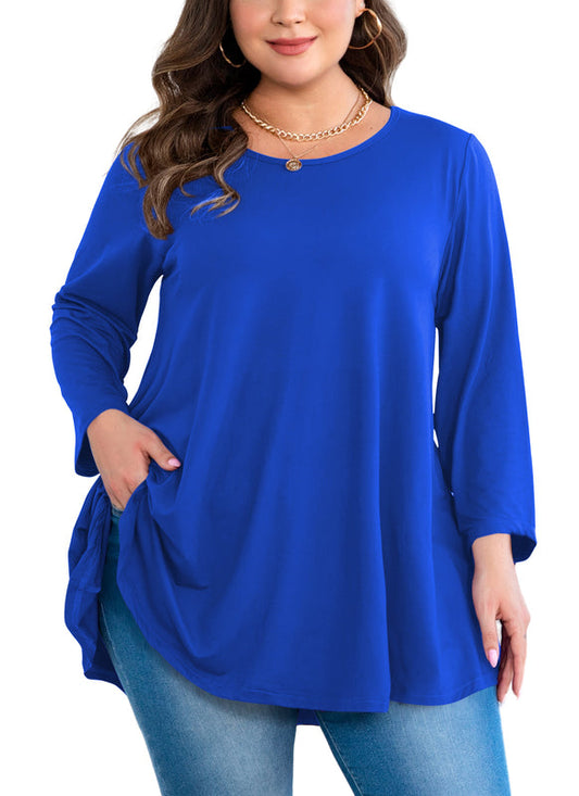 Women's Plus Size Royal Blue Tunic Top – 3/4 Sleeve A-Line Swing Blouse with Pockets