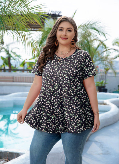Women's Plus Size Black & White Floral Tunic Top – Short Sleeve Swing Blouse