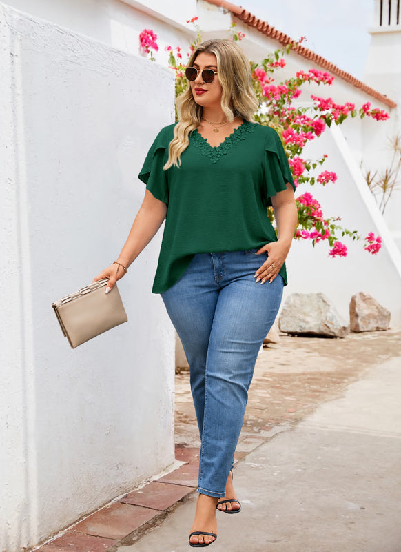 Plus Size Top V Neck Short Sleeve Blouses for Curvy Women Loose Fit Dressy Floral Trim Ladies Tunic