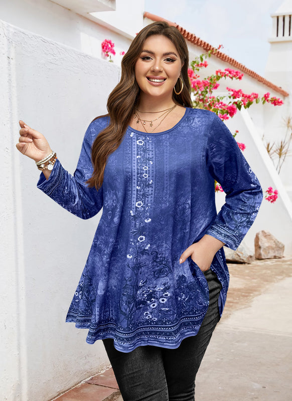 Women's Plus Size Navy Blue Boho Floral Tunic Top – 3/4 Sleeve Vintage Embroidery Print Blouse
