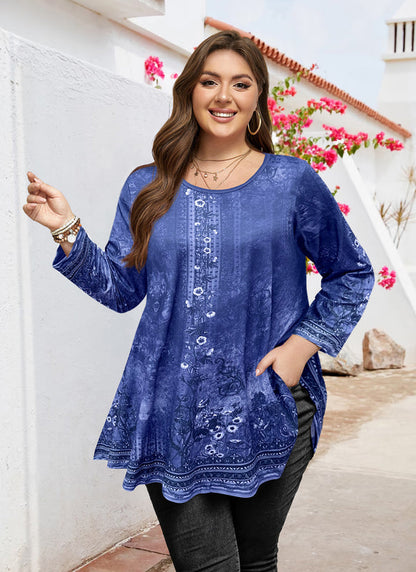 Women's Plus Size Navy Blue Boho Floral Tunic Top – 3/4 Sleeve Vintage Embroidery Print Blouse