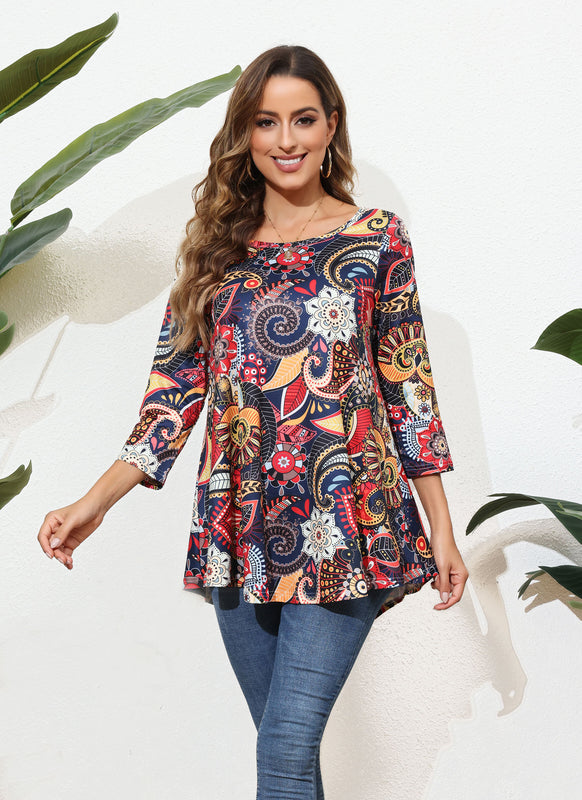 Women's Plus Size Navy Floral Paisley Tunic Top | 3/4 Sleeve Swing Flare Blouse