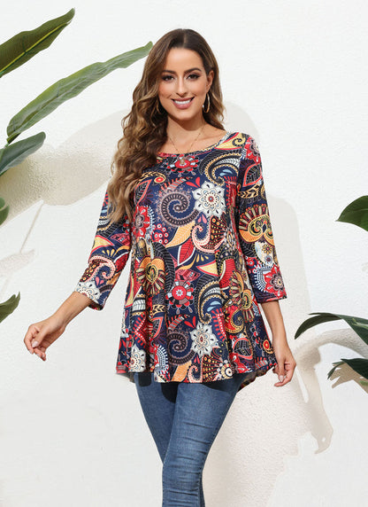 Women's Plus Size Navy Floral Paisley Tunic Top | 3/4 Sleeve Swing Flare Blouse