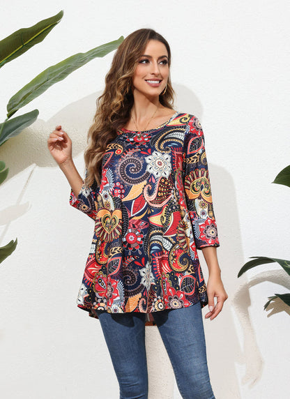Women's Plus Size Navy Floral Paisley Tunic Top | 3/4 Sleeve Swing Flare Blouse