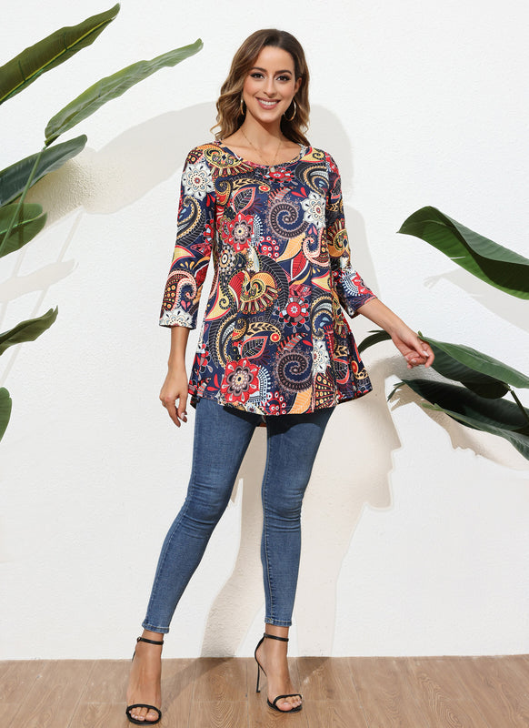 Women's Plus Size Navy Floral Paisley Tunic Top | 3/4 Sleeve Swing Flare Blouse