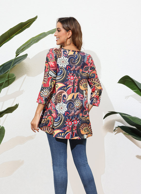 Women's Plus Size Navy Floral Paisley Tunic Top | 3/4 Sleeve Swing Flare Blouse