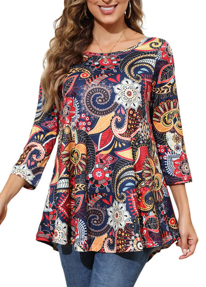 Women's Plus Size Navy Floral Paisley Tunic Top | 3/4 Sleeve Swing Flare Blouse