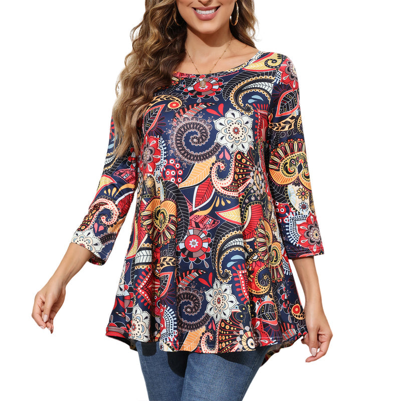 Women's Plus Size Navy Floral Paisley Tunic Top | 3/4 Sleeve Swing Flare Blouse