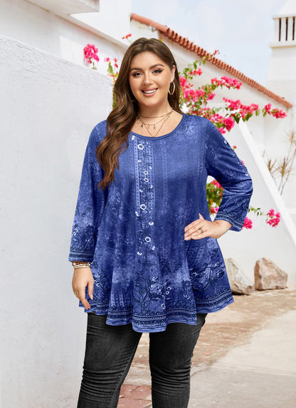 Women's Plus Size Navy Blue Boho Floral Tunic Top – 3/4 Sleeve Vintage Embroidery Print Blouse